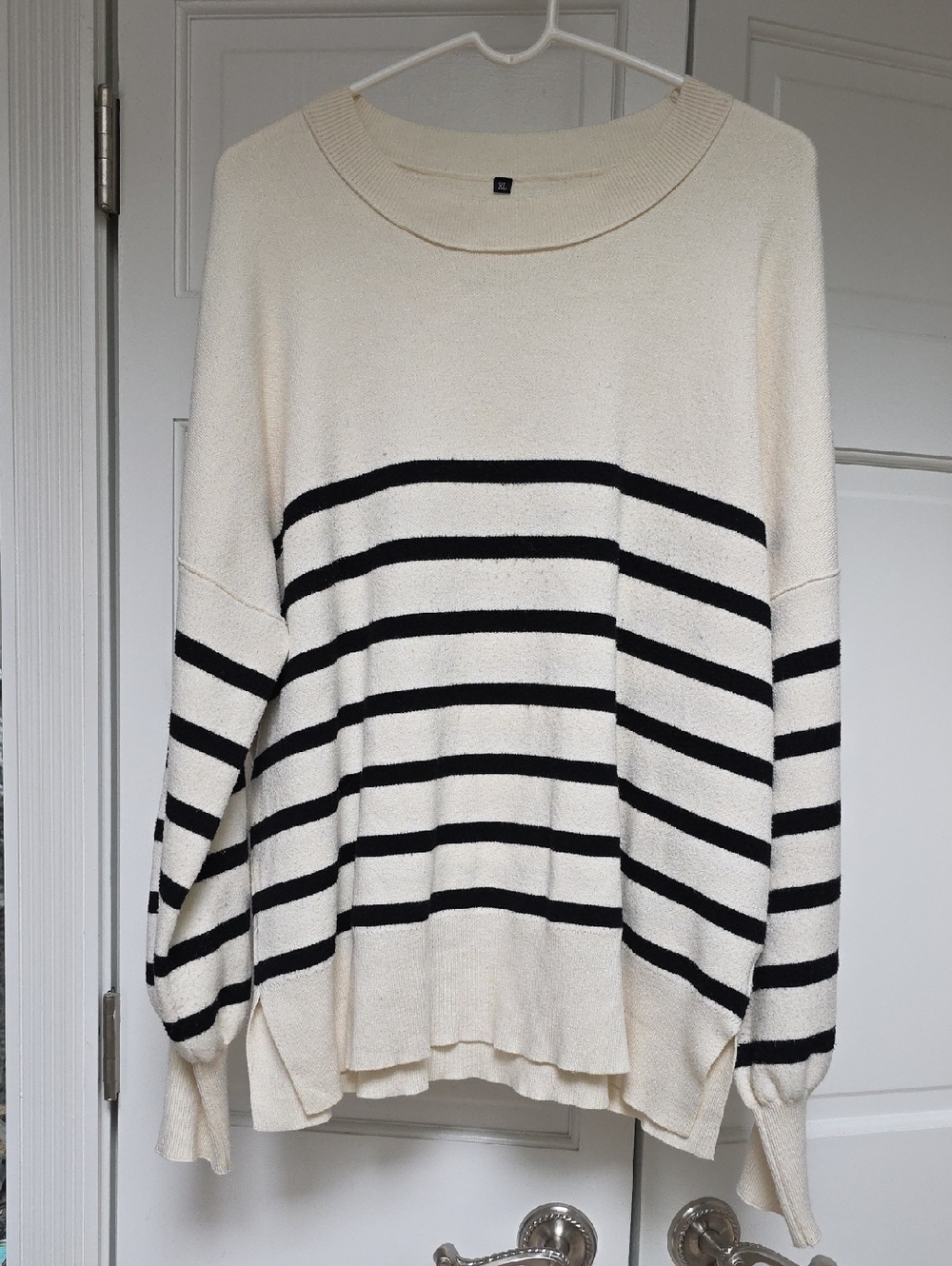Amazon Cream and Black Striped Scoop Neck Sweater